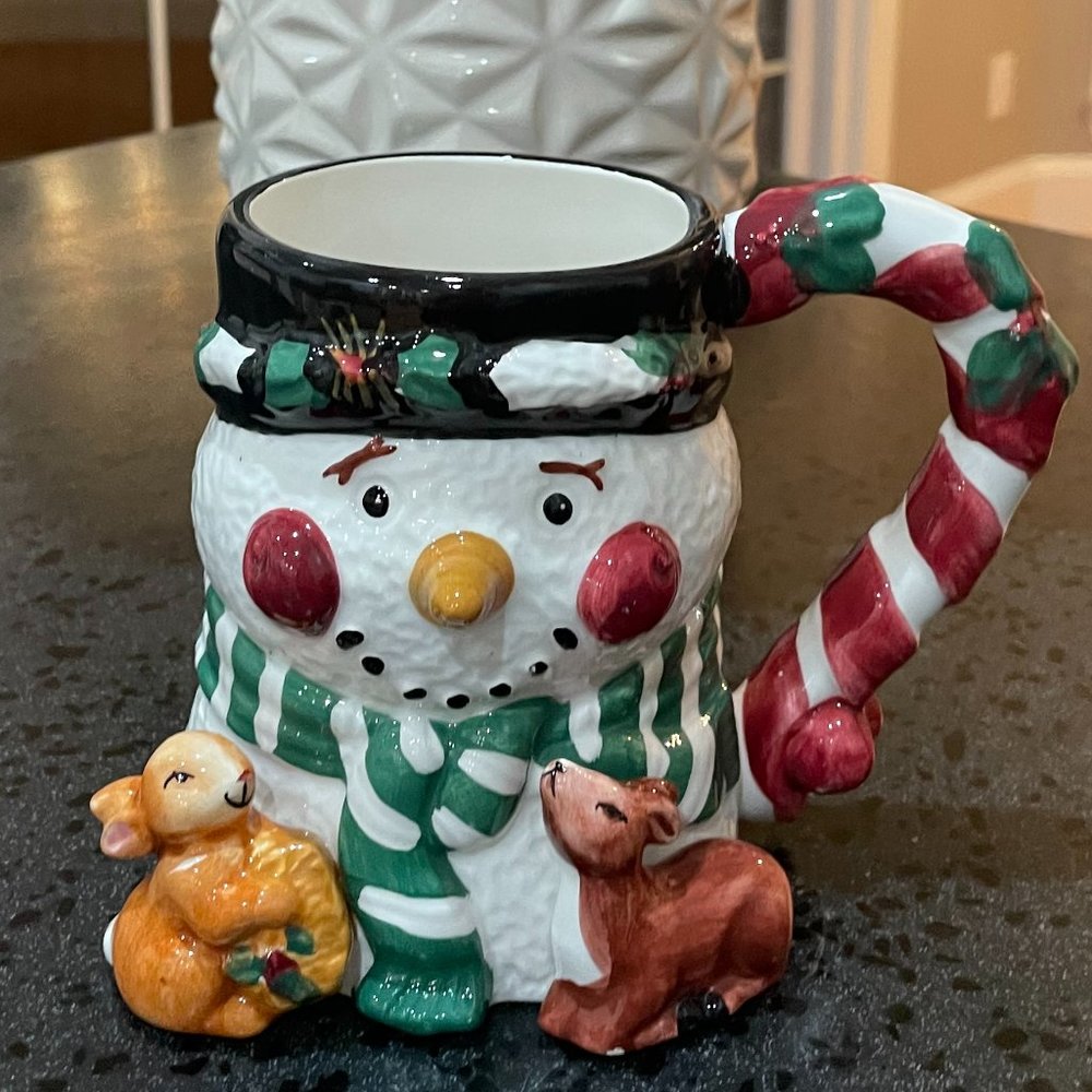 Vintage Tis The Season Holiday Snowman 3D Ceramic 18oz Coffee Tea Mug Gift Decor